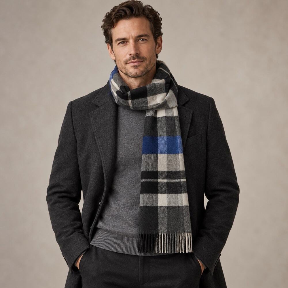Hickey Freeman 100% Cashmere Scarf Blue Plaid Fringe Mens NWOT Quiet Luxury $179